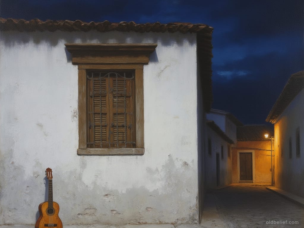 Small guitar standing against a whitewashed adobe wall below a barred and shuttered window at night, a lamplit street running away behind the corner
