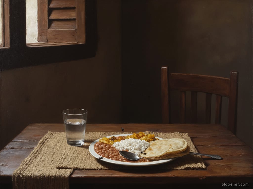Full plate of beans, rice and tortillas with the spoon still laid across it, untouched on a woven mat beside a glass of water, an empty chair pushed up to the dim table