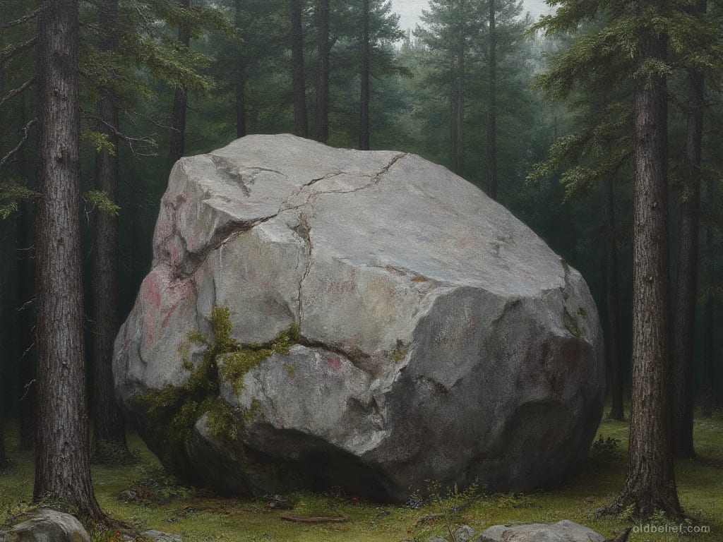 Enormous lone granite boulder standing in a spruce forest, moss on its north face