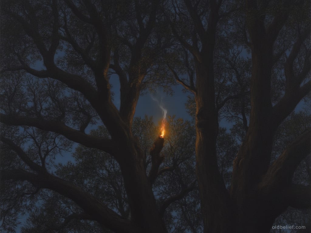 Single orange ember glowing high in the dark canopy of a large acacia at night