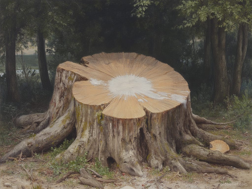 Fresh stump of a very large tree in cleared ground, canopy gone, light flooding in