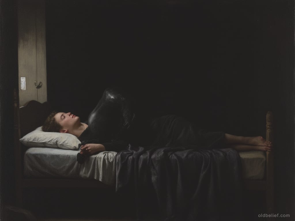 Low dark shape crouched on a sleeper's chest in a dim room, keyhole lit behind