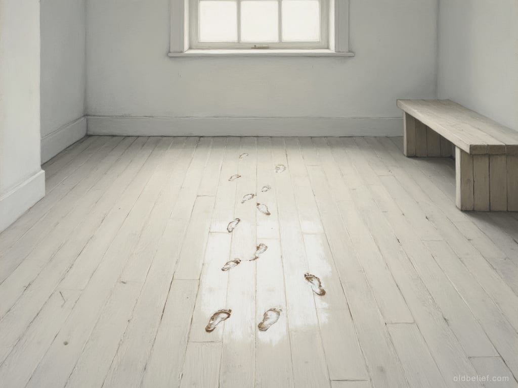 Trail of wet bare footprints across dry floorboards, ending at nothing