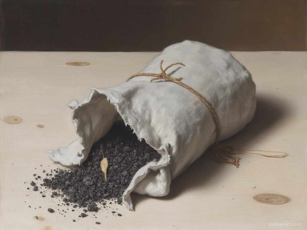 White linen bundle tied with cord lying open on a pale pine table, dark crumbled earth spilling out of it