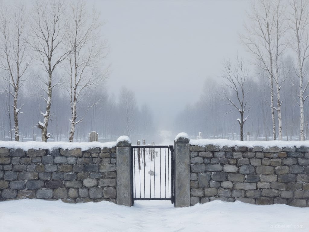 Low fieldstone wall under snow with a shut iron gate in the middle of it, graves and bare birches in the white ground beyond