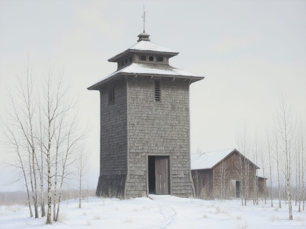 Tall shingled wooden bell tower with a slender finial on its cupola standing in deep snow, its plank door dark and closed, bare birches and a timber church behind