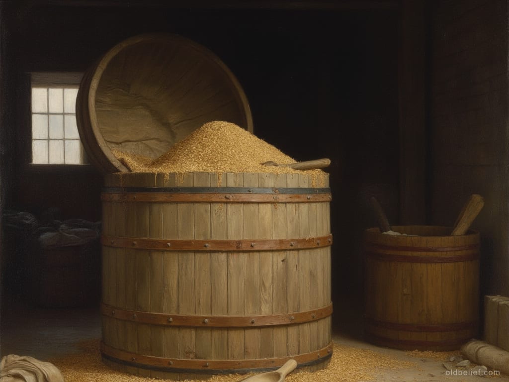 Hooped wooden grain tub heaped above its rim in a dim storehouse, its lid tilted off, a scoop in the grain and more spilled on the floor