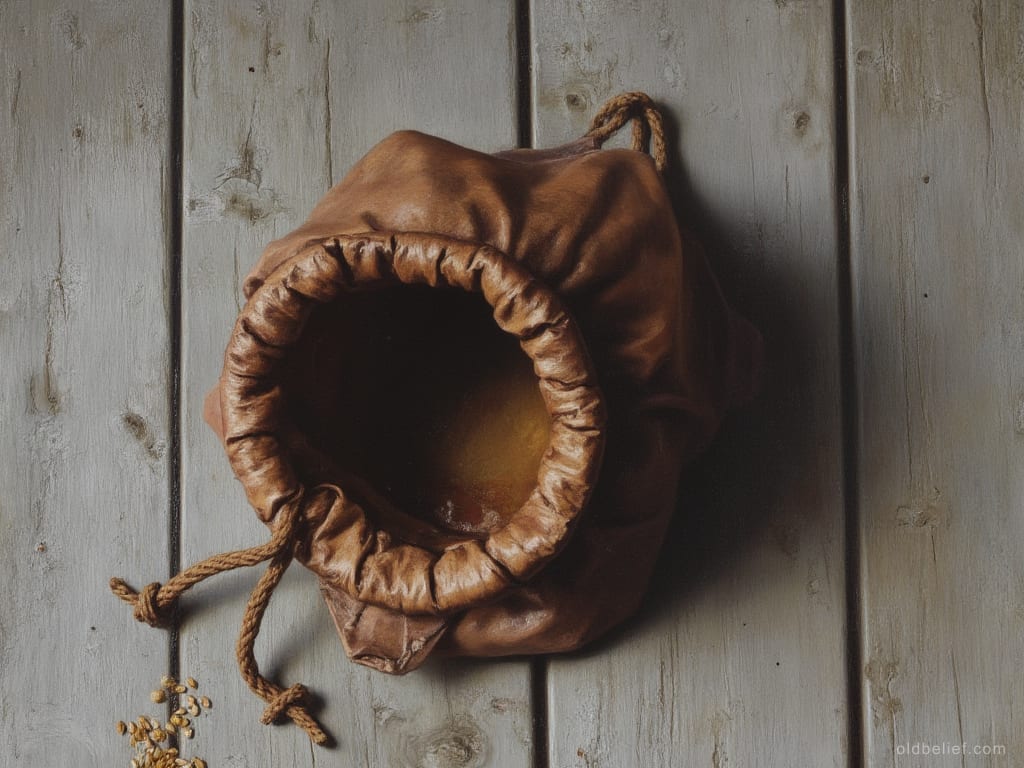 Soft leather drawstring pouch lying open on grey planks with something pale inside it and a few grains spilled beside the cord