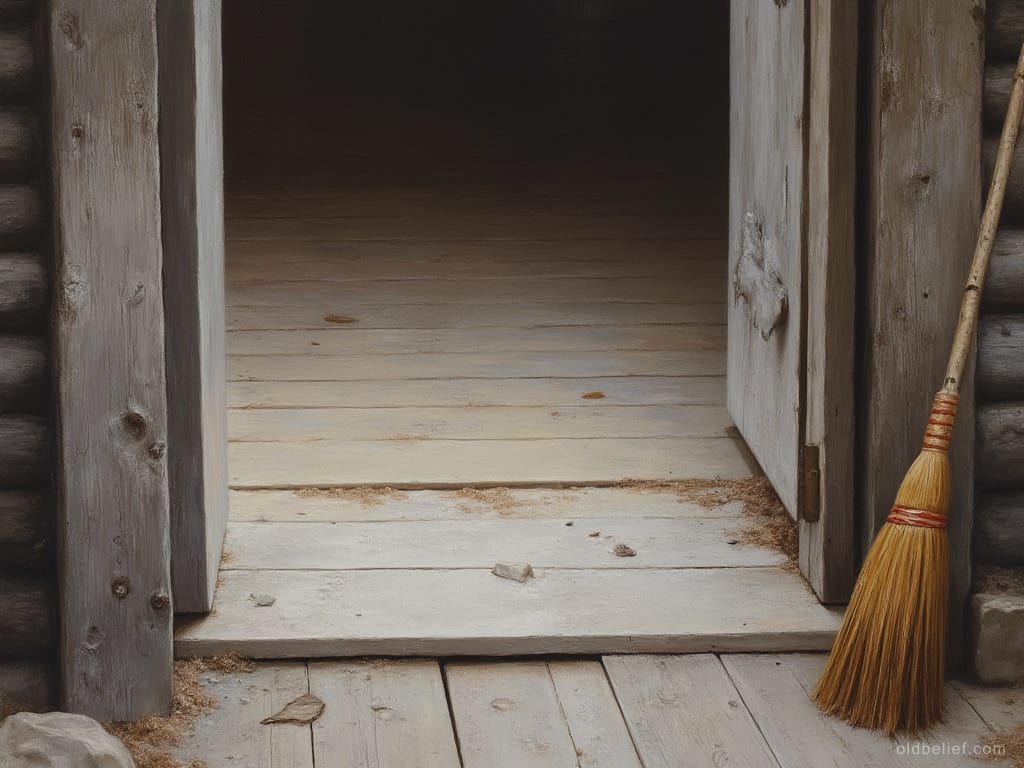 Open doorway of a log building seen close up, a straw broom leaning against the frame and loose chaff scattered over the worn threshold