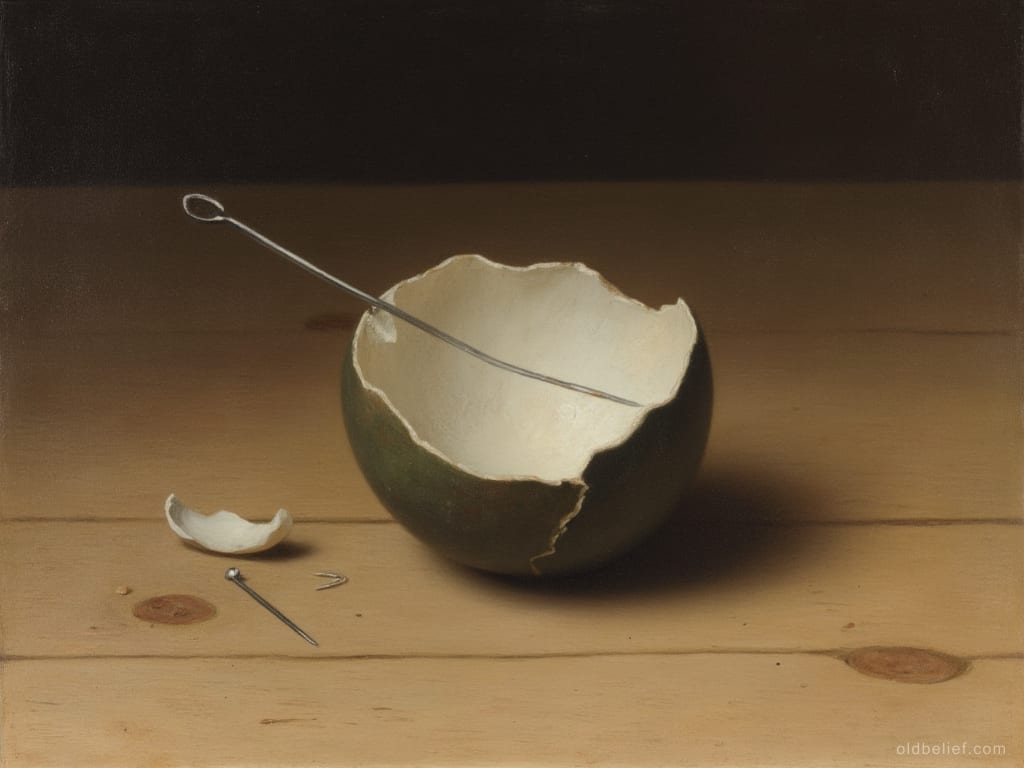 Broken duck egg on a bare table, a steel needle across it and a snapped needle beside it