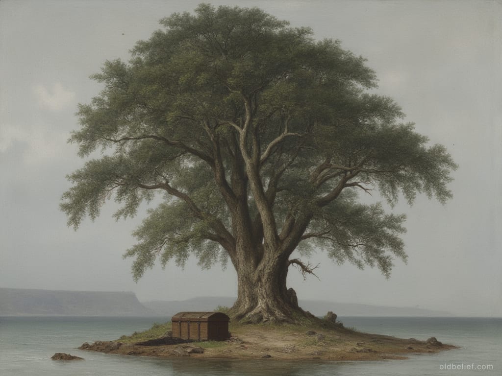 Single great oak on a small island in grey water, a chest buried among its roots
