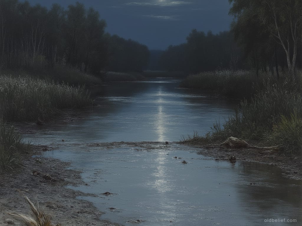 Shallow river crossing at night, bank trodden to mud, reeds and still water