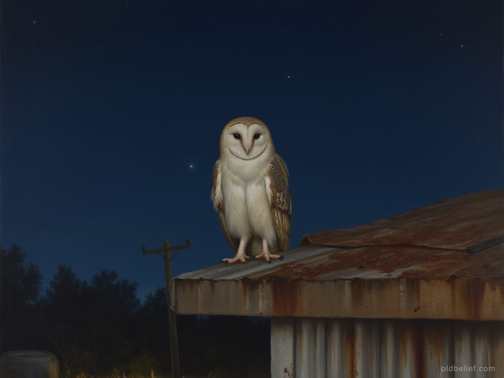Barn owl perched upright on the rusted edge of a corrugated tin roof under a starry night sky, its pale face turned straight towards the viewer