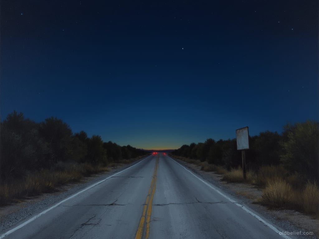 Straight cracked asphalt road with a double yellow line running out into scrub at nightfall, a blank roadside sign and the red tail lights of one car far ahead