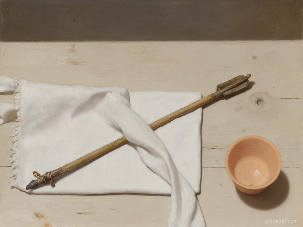 Slender wooden arrow with a bound iron point lying diagonally across a folded white linen cloth on a scrubbed pale table, an empty clay bowl beside it