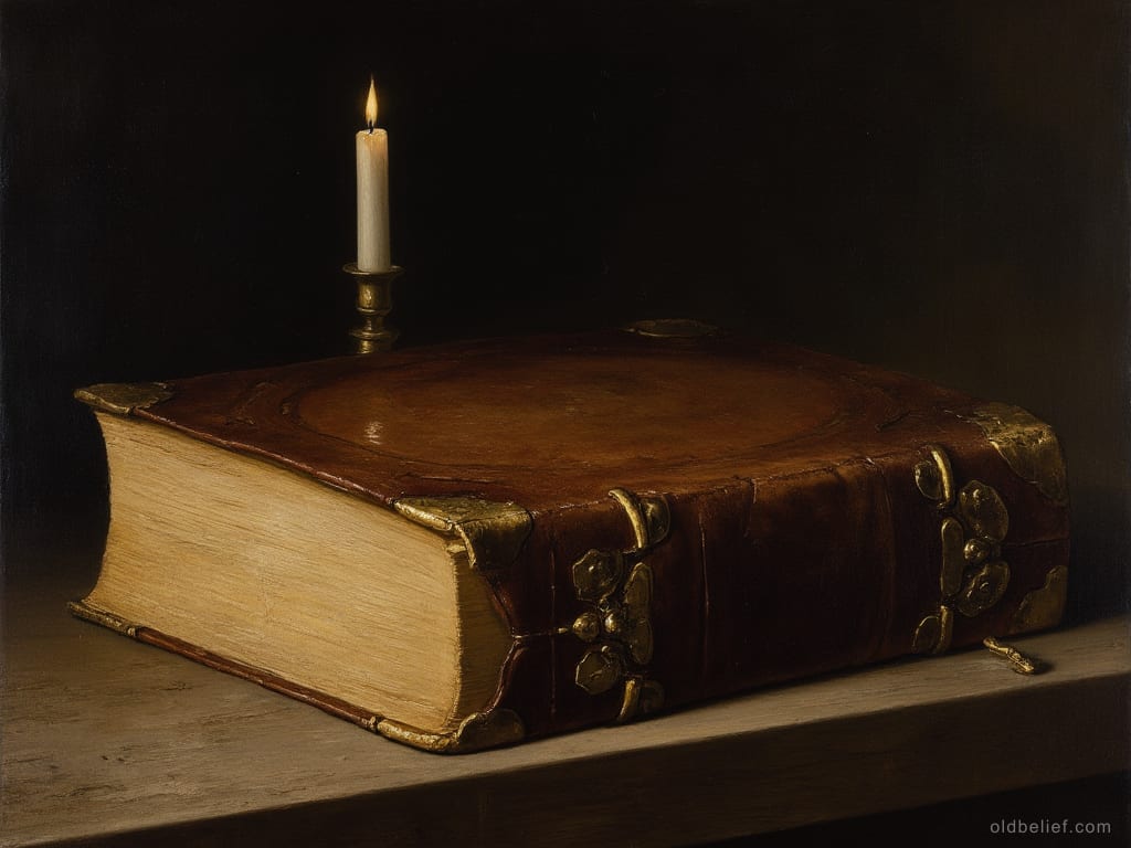 Heavy old book bound in worn brown leather over wooden boards, lying closed on a pale plank table with brass corners and clasps, a lit candle standing behind it in the dark