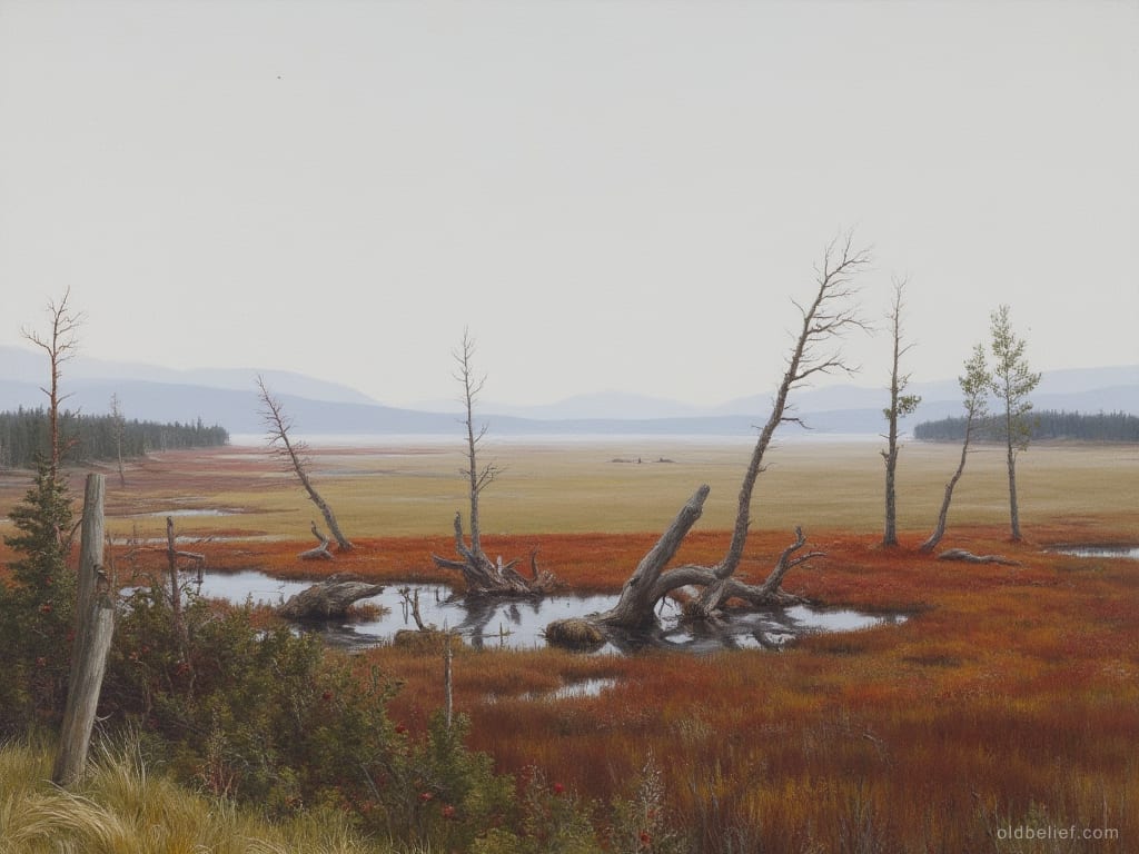 Wide open bog of rust-red sedge with black pools and dead bleached trees, low hills and a lake beyond, no path across it