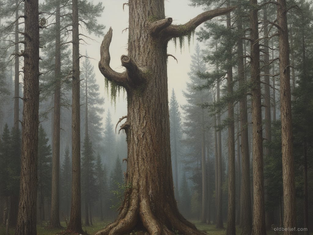 Towering humanlike figure of bark and moss standing level with the crowns of pines