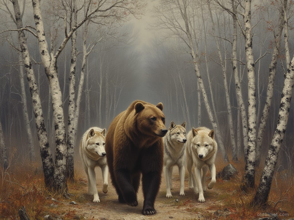 Bear and three wolves walking together in order through autumn birch woods, no one with them