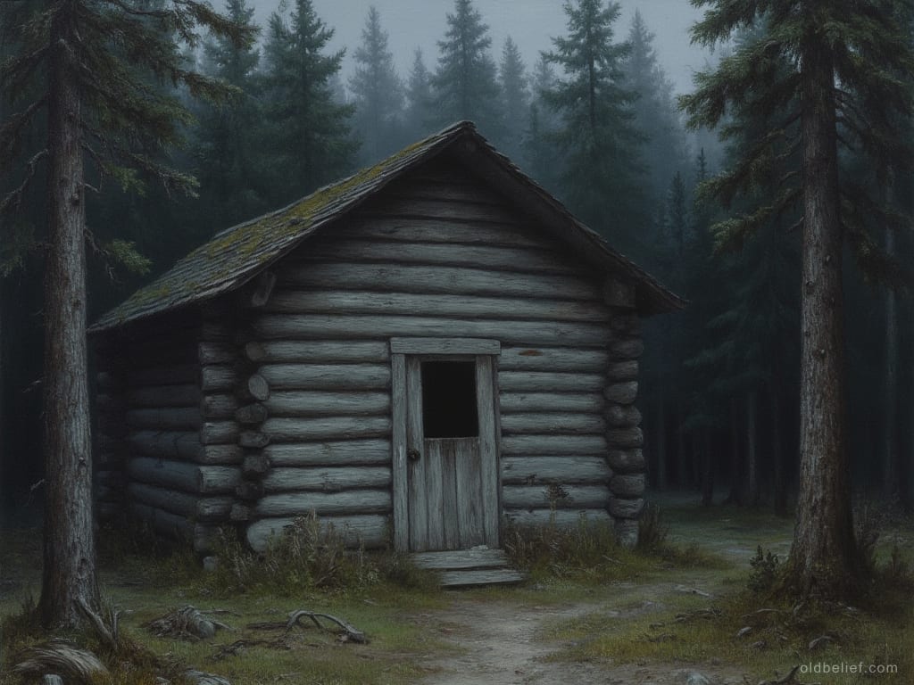 Low forest hut with a single small window, seen from among dark trees at dusk