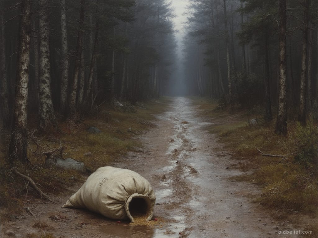 Empty forest track at dusk, a dropped sack and a trodden place in the mud
