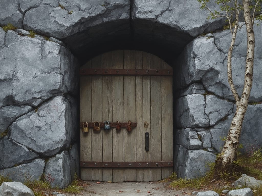 Low opening in a granite hillside, closed with a timber door and iron hasp