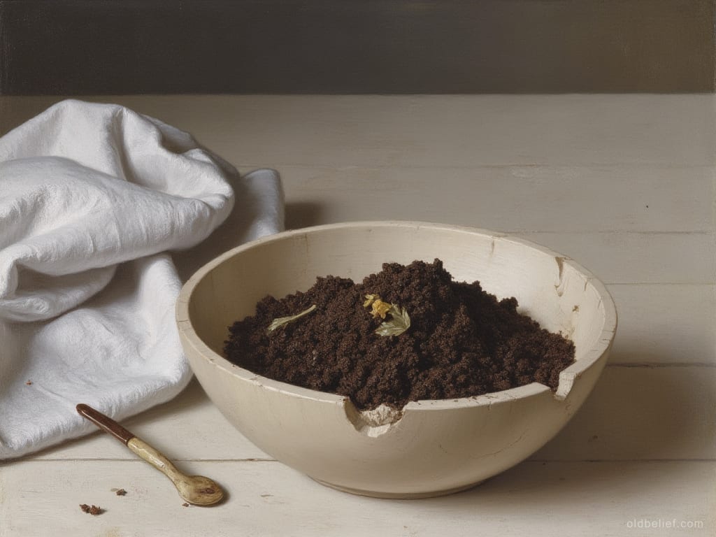 Pale wooden bowl heaped with dark crumbled soil on a scrubbed table, a folded white cloth and a small spoon laid beside it