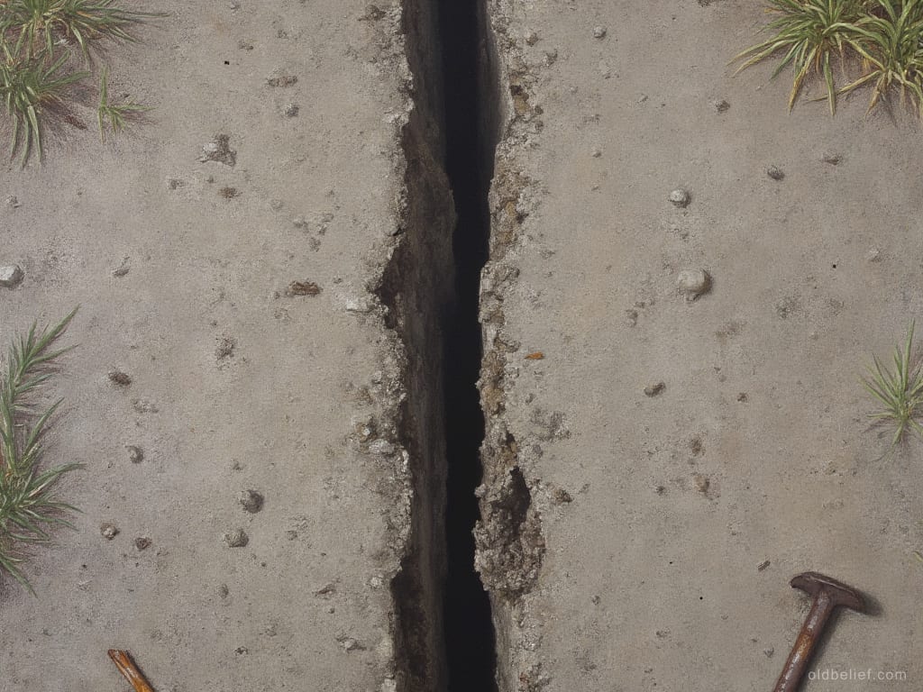 Close view of dry trodden yard earth split by a deep narrow crack running the full height of the frame, grass tufts at the corners and a rusted spike on the ground