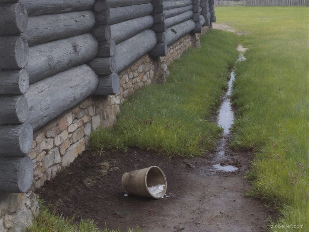 Wooden pail lying on its side against the stone footing of a log building, wash water spilled into the bare soil and running away down a worn channel in the grass