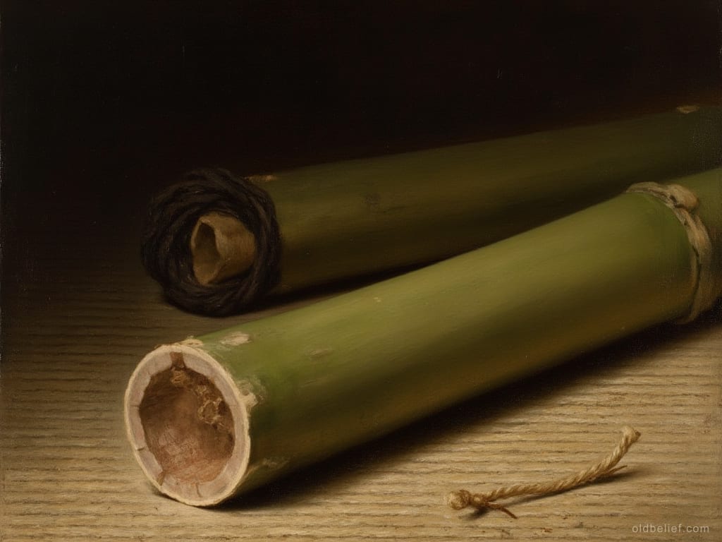 Two cut lengths of green bamboo lying on a pale wooden board, the far one stoppered with a wound plug of dark thread, a knotted cord beside them