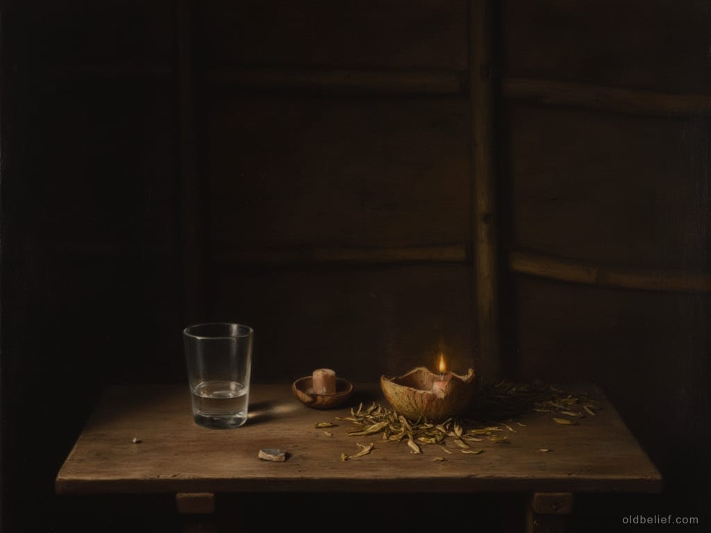 Plain wooden table in a dark bamboo-walled room holding a glass of water, an unlit candle stub in a wooden dish, and a coconut shell with a lit candle in it among scattered dried leaves