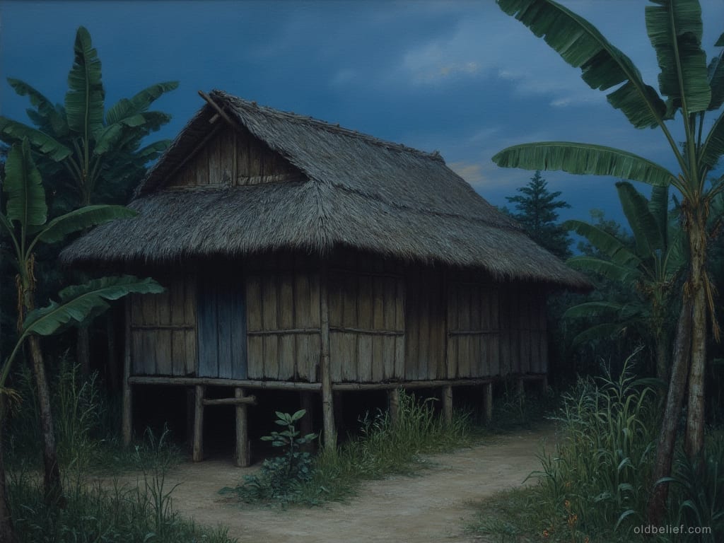 Thatched bamboo house on low posts seen from a dirt path at dusk, its walls shut, banana plants crowding both sides and nobody outside