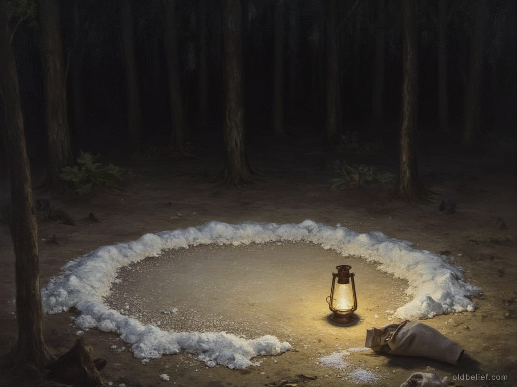 Ring of salt and ash on bare earth in a banana grove at night, a lantern and a fallen salt bag beside it