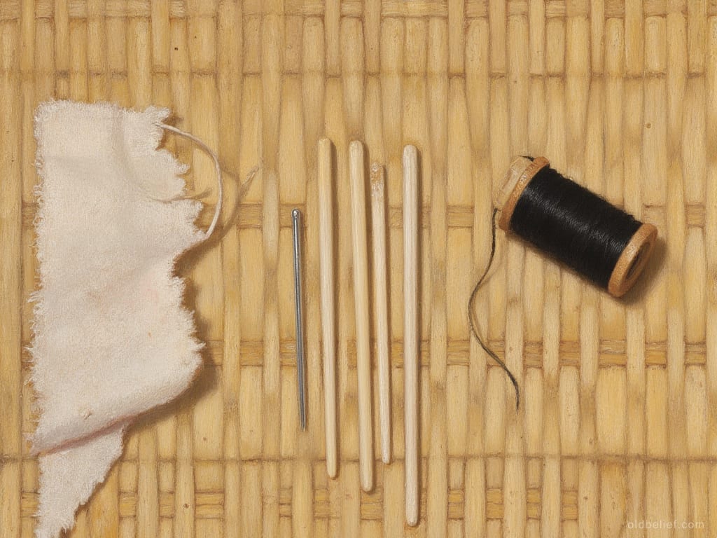 Torn strip of white cloth, a steel needle, three thin bamboo sticks and a spool of black thread laid out in a row on a woven mat