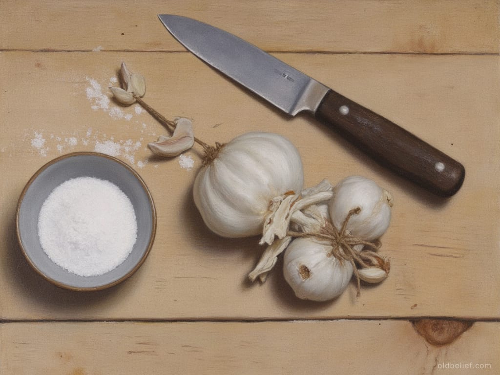 Small bowl of fine salt, three bulbs of garlic tied together and a steel kitchen knife lying on a scrubbed pale wooden table, salt spilled across the boards
