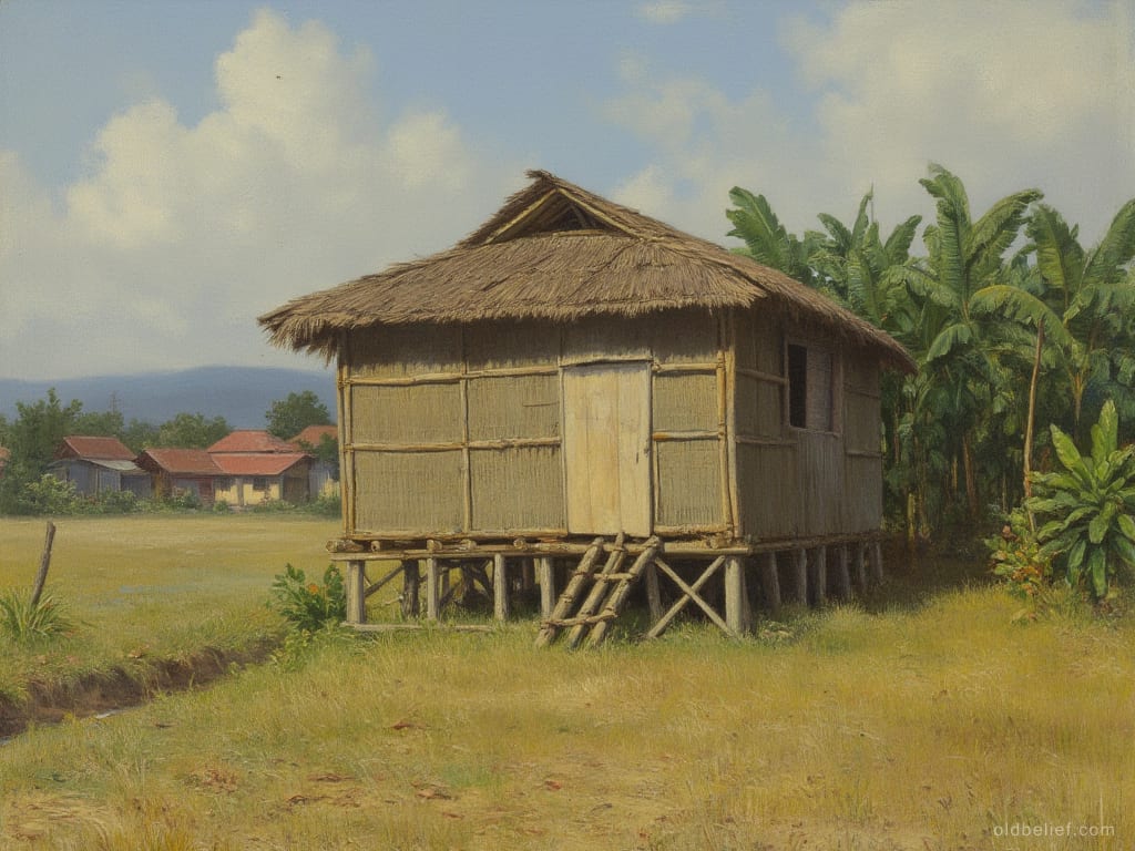 Small thatched bamboo house on wooden posts standing alone in rough grass in daylight, the tin and tile roofs of the village some distance off to one side