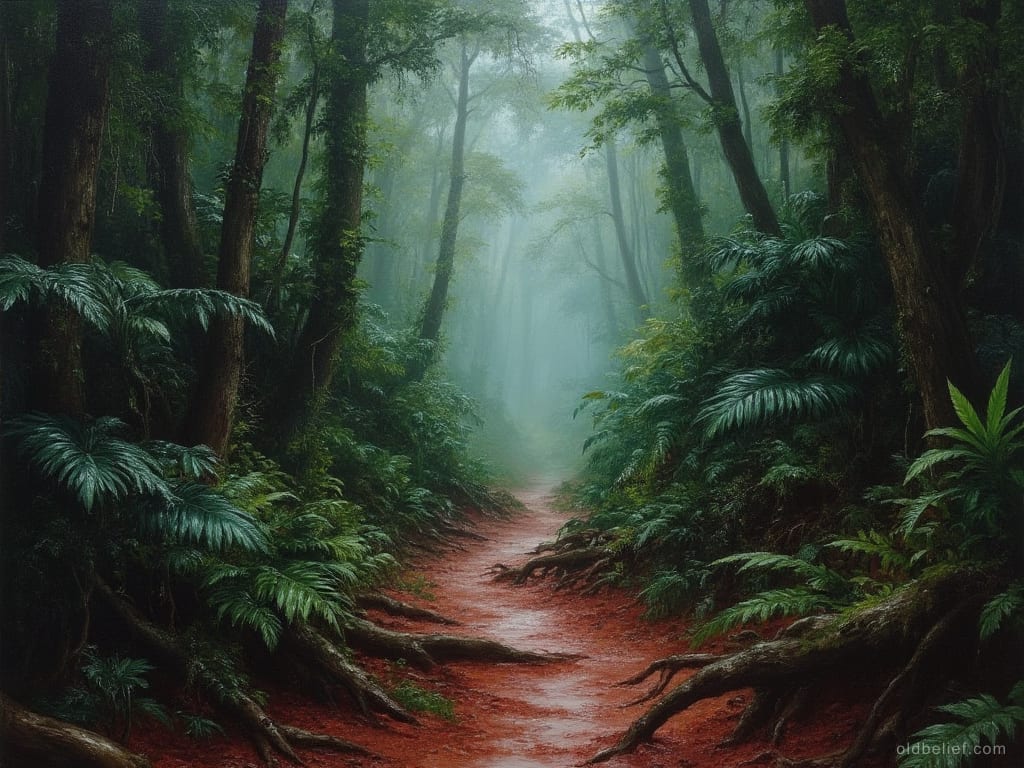 Narrow red earth path running between mossy trunks and ferns into dense wet forest and losing itself in mist, nobody on it