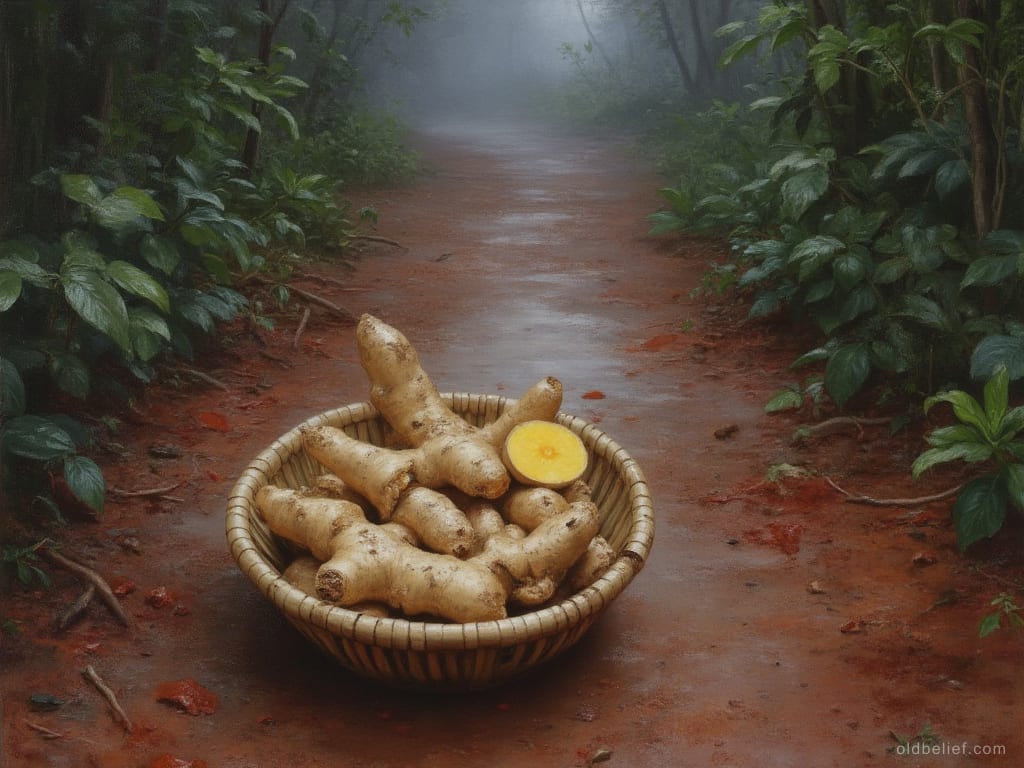 Woven bamboo basket heaped with fresh ginger rhizomes, one cut through to show a bright yellow face, standing on a wet red forest path in mist