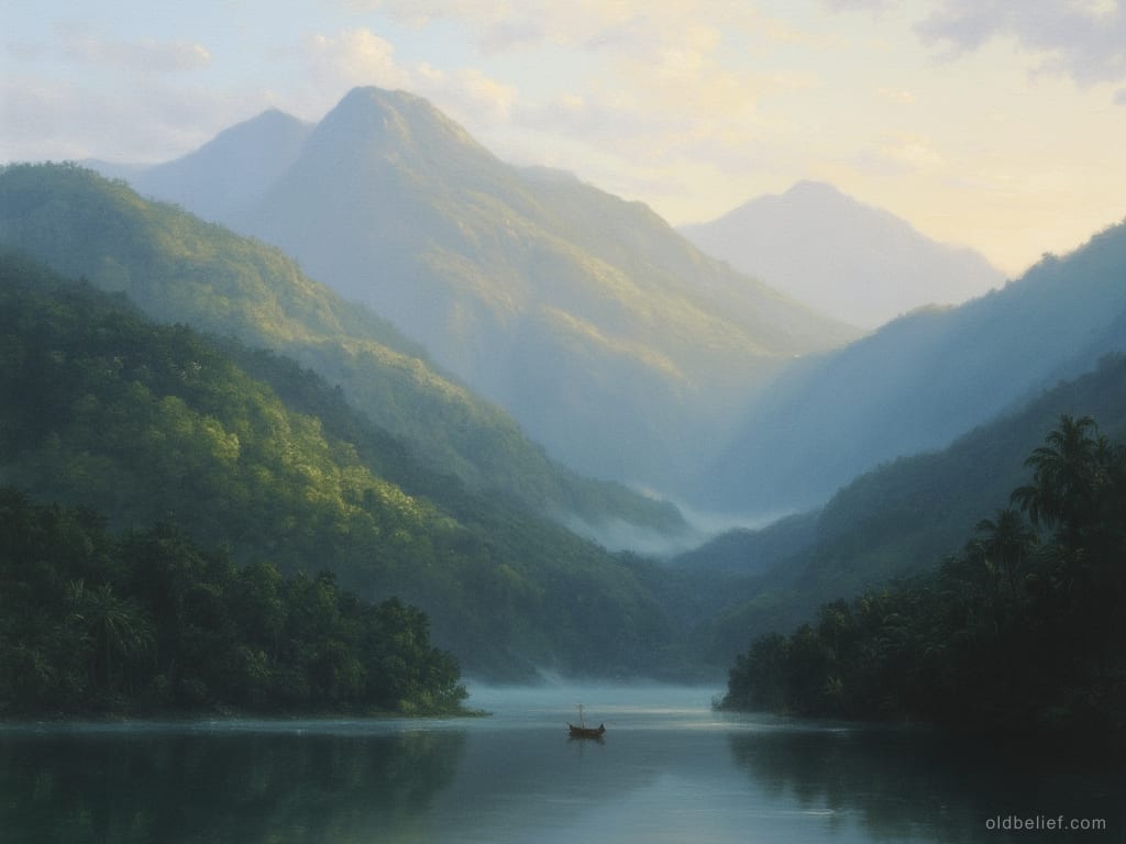 Forested tropical mountain rising beyond a still lake at dawn, mist in the valleys, palms and rainforest on both shores, one small outrigger boat on the water