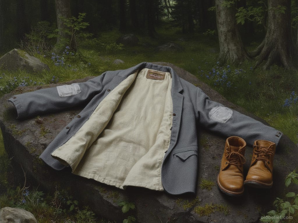 Grey woollen jacket spread inside out with its pale lining upward on a boulder in a forest clearing, a pair of leather boots standing beside it