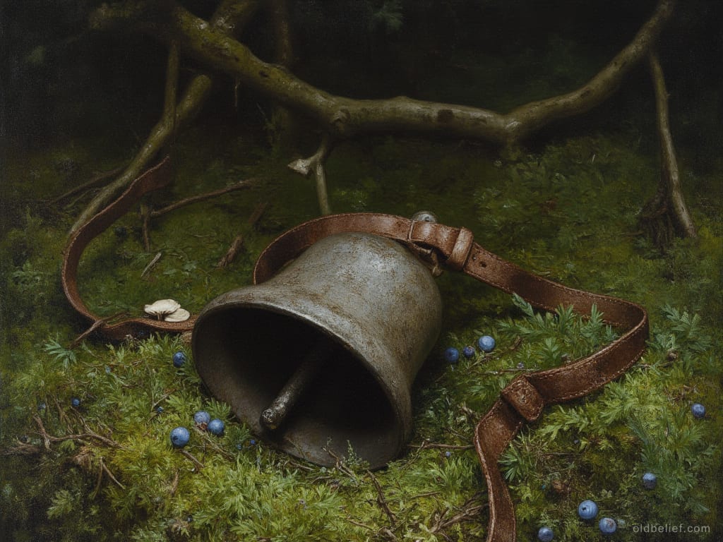Rusted cow bell lying on its side in deep moss with its unbuckled leather strap beside it, mushrooms and bilberries growing around it