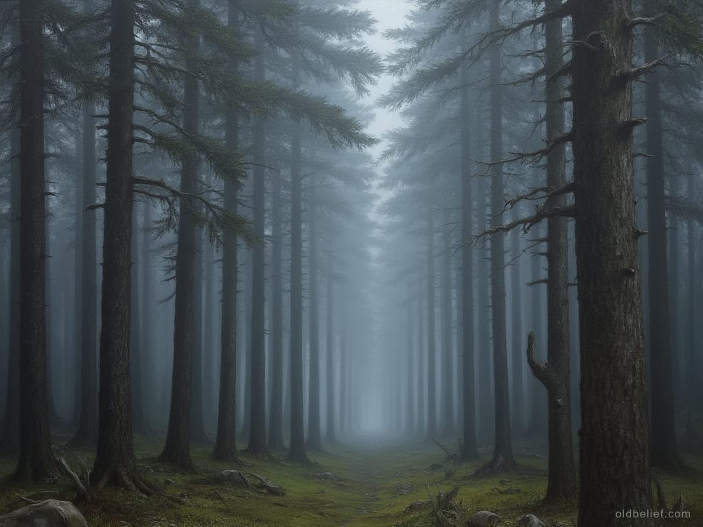 Rank after rank of bare spruce trunks in blue-grey mist, mossy ground between them, no path and no landmark anywhere in the view