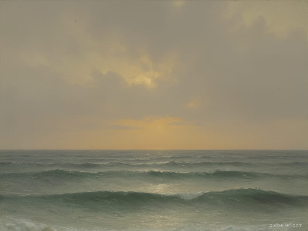 Open sea running in low green swells to a hazy horizon under a pale overcast sky, a break of yellow light where the two meet, no land anywhere