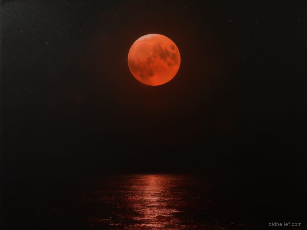Full moon in total eclipse over a dark sea, the whole disc dim copper-red with a brighter rim at one edge, faint red light on the water below