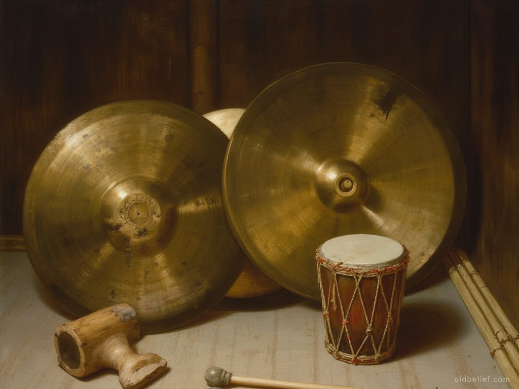 Three bossed brass gongs of different sizes propped against a plank wall with a small laced drum in front of them and padded mallets lying ready on the floor