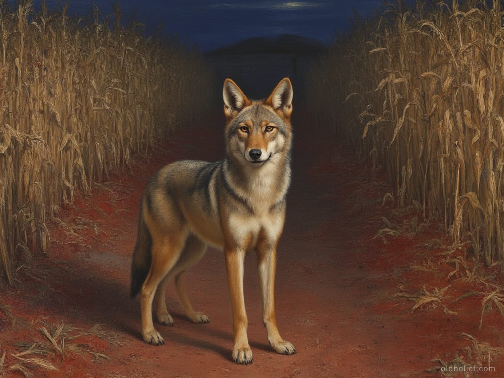 Coyote standing still at the edge of a maize field at dusk, looking toward the viewer