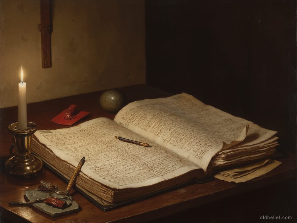Seventeenth-century writing desk with inkwell, quill and a bound manuscript, lit by one candle