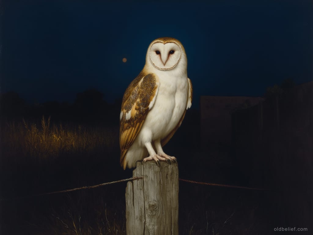 Barn owl perched on a wooden fence post at night, facing the viewer