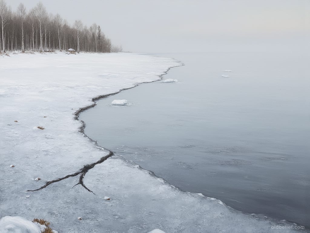 Dark open water at the edge of lake ice in spring, with a crack running away