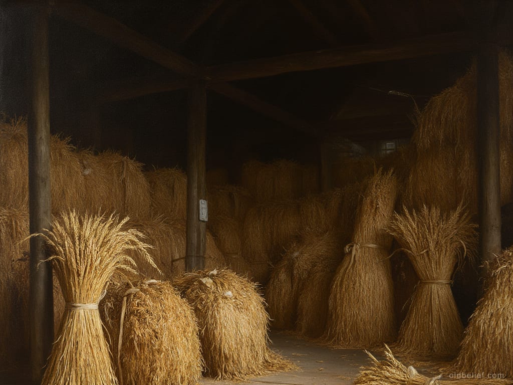 Unthreshed rye sheaves tied at the waist and packed to the rafters inside a dark log drying barn, loose ears hanging from every bundle